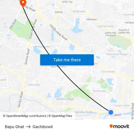 Bapu Ghat to Gachibowli map
