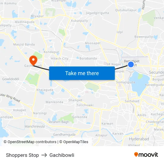 Shoppers Stop to Gachibowli map