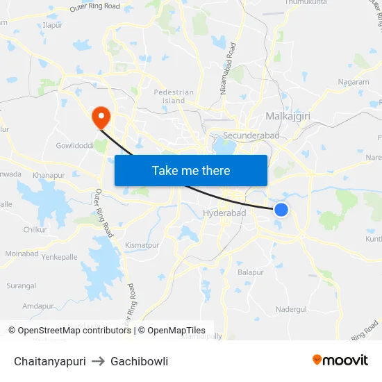Chaitanyapuri to Gachibowli map
