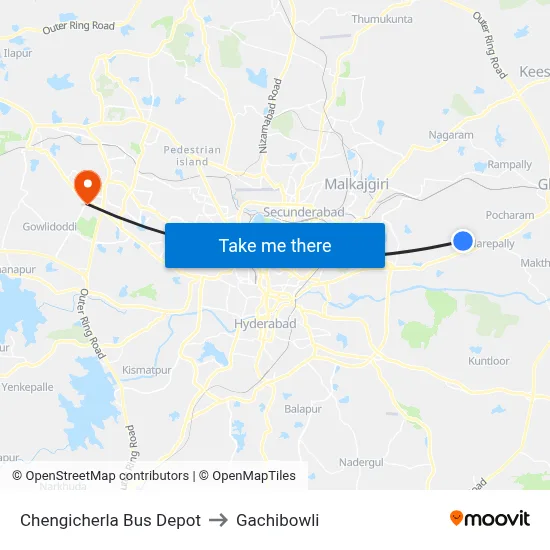 Chengicherla Bus Depot to Gachibowli map
