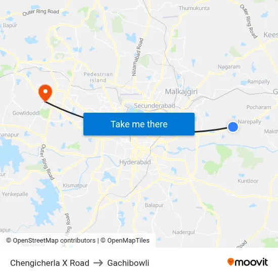 Chengicherla X Road to Gachibowli map