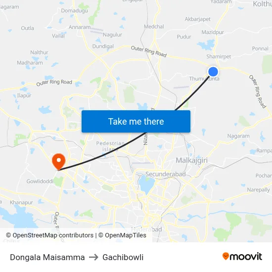 Dongala Maisamma to Gachibowli map