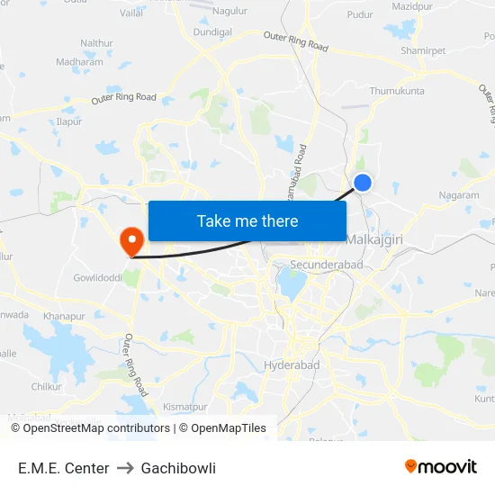 E.M.E. Center to Gachibowli map