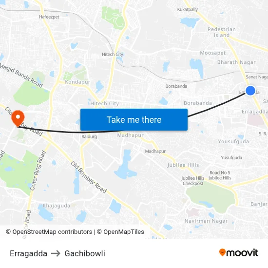 Erragadda to Gachibowli map