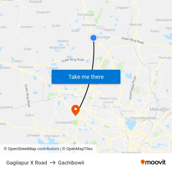 Gagilapur X Road to Gachibowli map