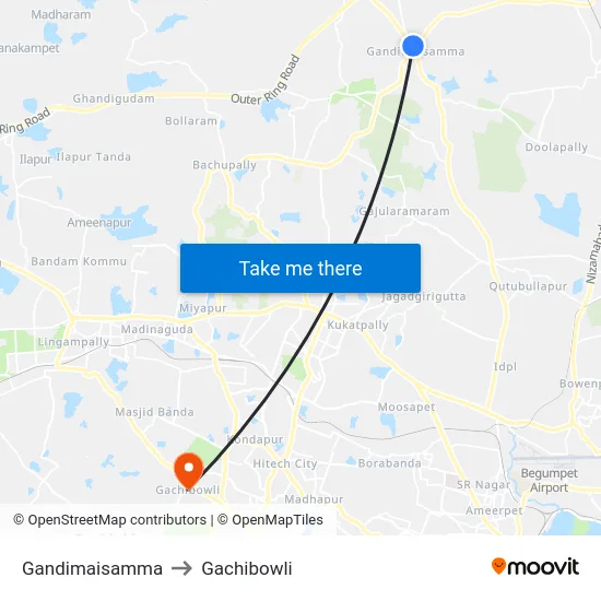 Gandimaisamma to Gachibowli map