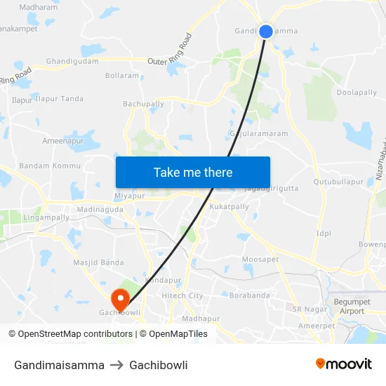 Gandimaisamma to Gachibowli map