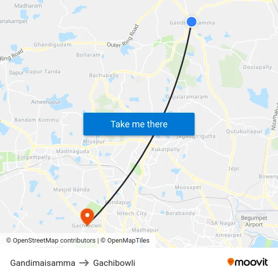 Gandimaisamma to Gachibowli map