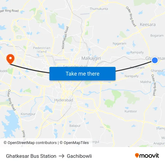 Ghatkesar Bus Station to Gachibowli map