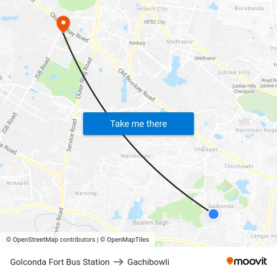Golconda Fort Bus Station to Gachibowli map