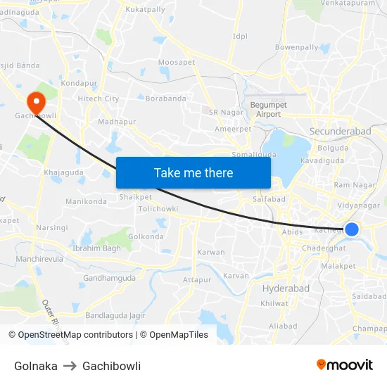 Golnaka to Gachibowli map