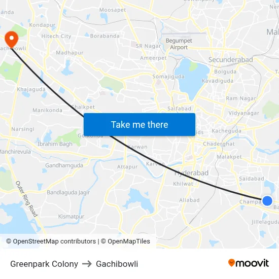 Greenpark Colony to Gachibowli map