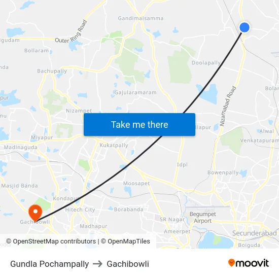 Gundla Pochampally to Gachibowli map