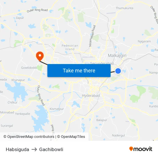 Habsiguda to Gachibowli map