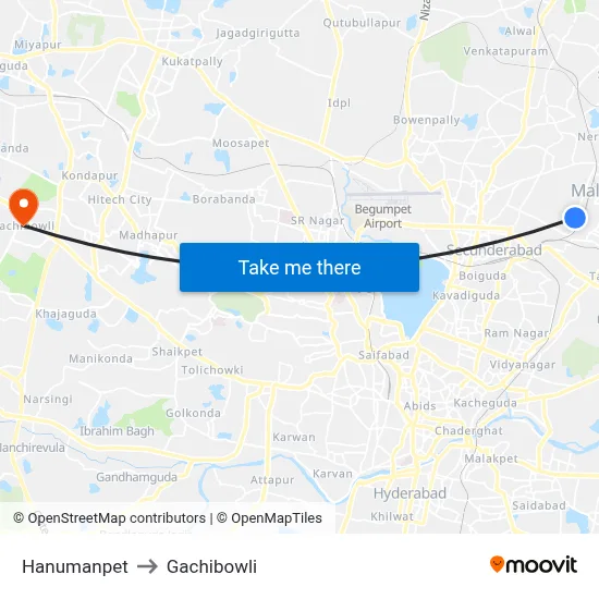 Hanumanpet to Gachibowli map