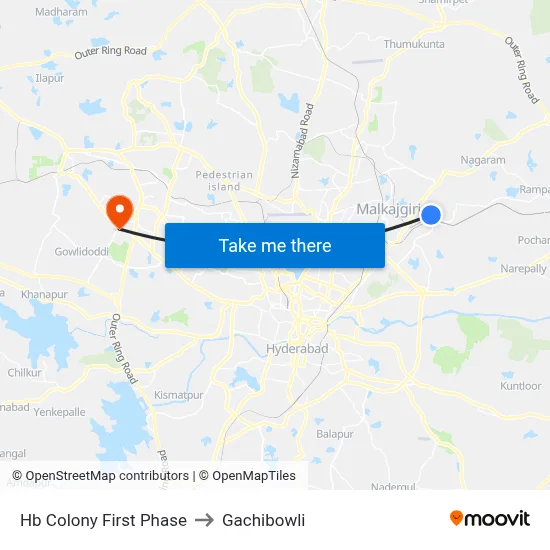 Hb Colony First Phase to Gachibowli map