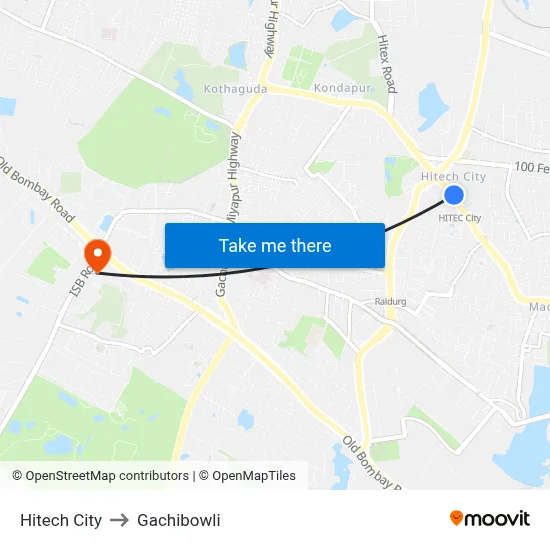 Hitech City to Gachibowli map