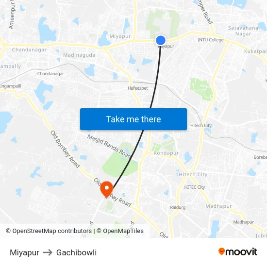 Miyapur to Gachibowli map