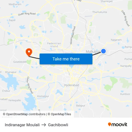 Indiranagar Moulali to Gachibowli map