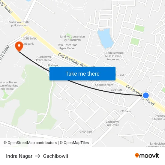 Indra Nagar to Gachibowli map