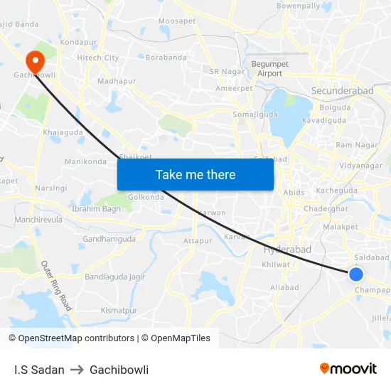 I.S Sadan to Gachibowli map