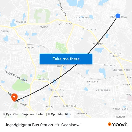 Jagadgirigutta Bus Station to Gachibowli map