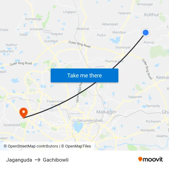 Jaganguda to Gachibowli map