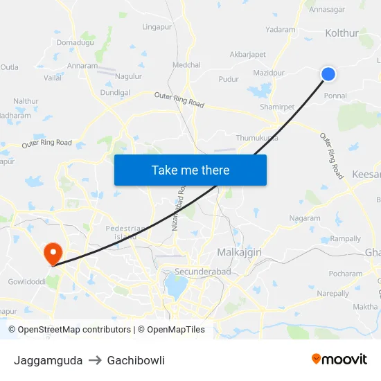Jaggamguda to Gachibowli map