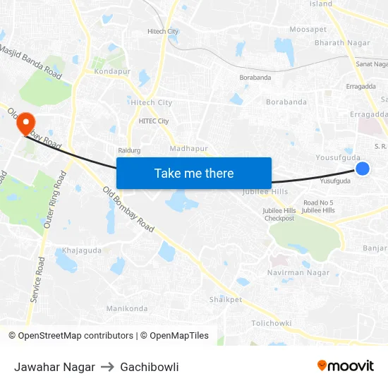 Jawahar Nagar to Gachibowli map