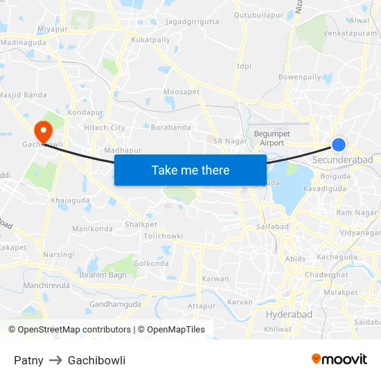 Patny to Gachibowli map