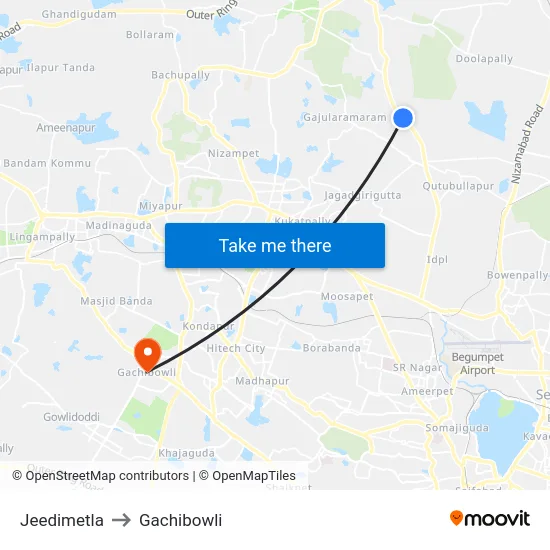 Jeedimetla to Gachibowli map