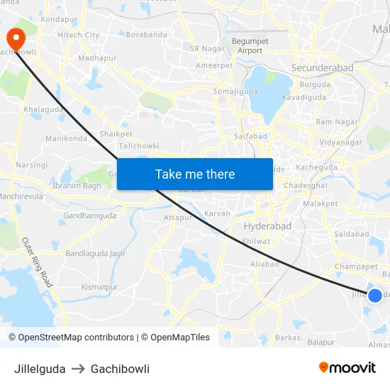 Jillelguda to Gachibowli map