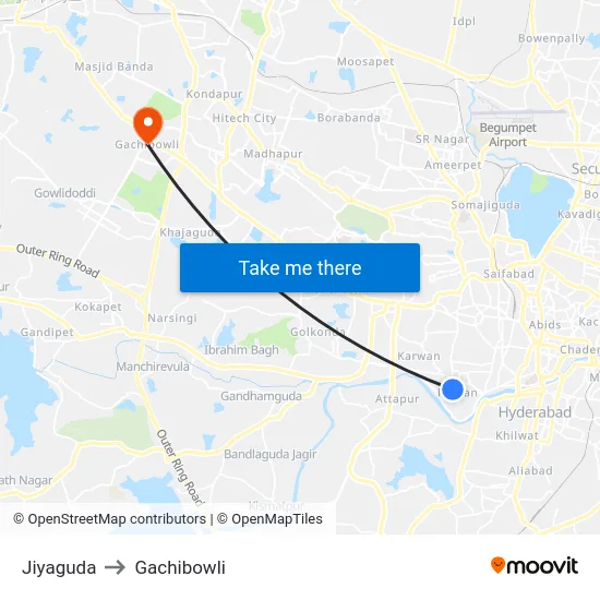 Jiyaguda to Gachibowli map