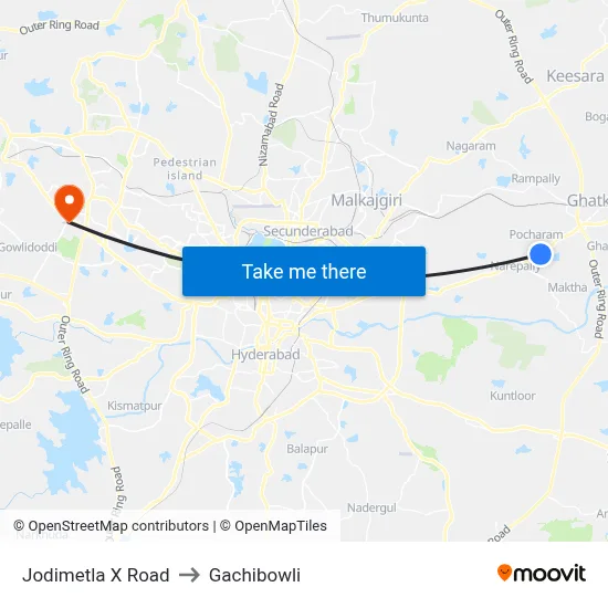 Jodimetla X Road to Gachibowli map