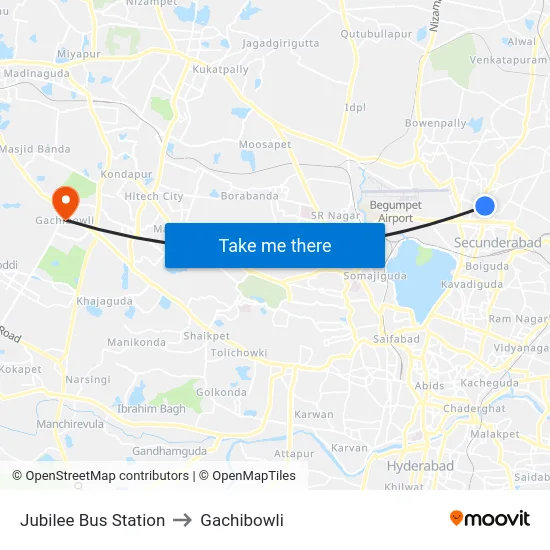Jubilee Bus Station to Gachibowli map