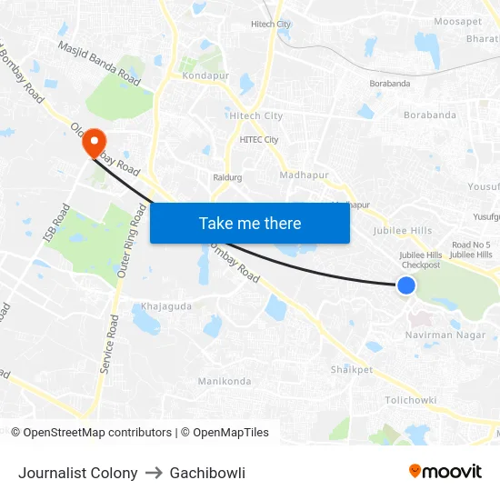 Journalist Colony to Gachibowli map