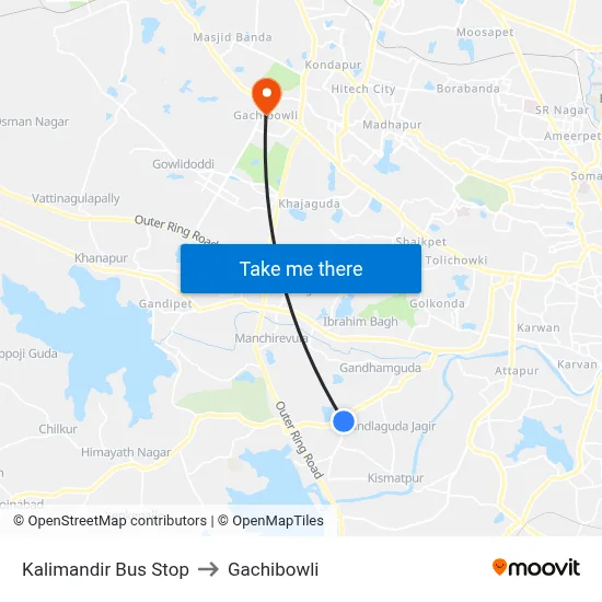 Kalimandir Bus Stop to Gachibowli map