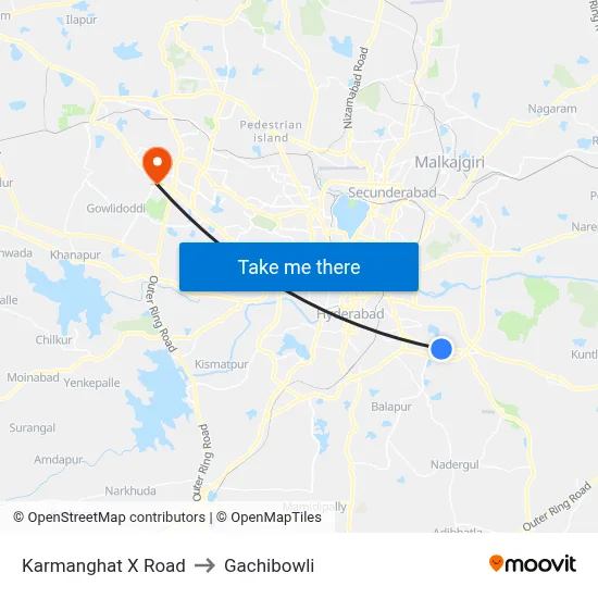 Karmanghat X Road to Gachibowli map