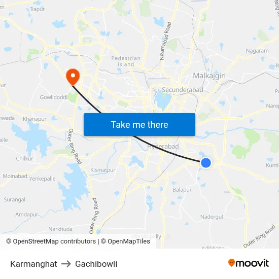 Karmanghat to Gachibowli map