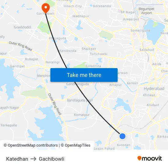 Katedhan to Gachibowli map