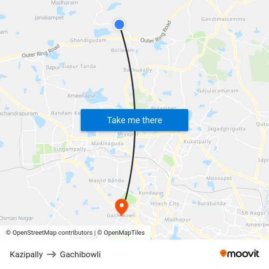 Kazipally to Gachibowli map