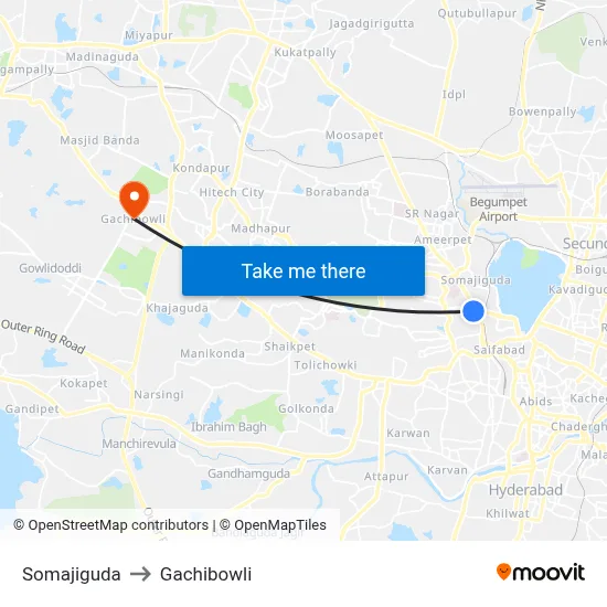 Somajiguda to Gachibowli map