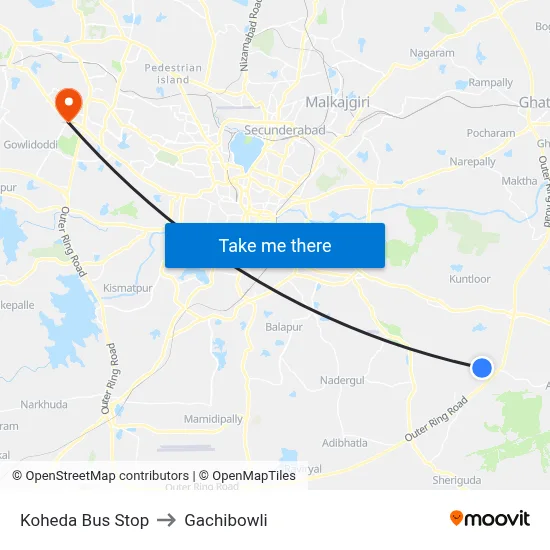 Koheda Bus Stop to Gachibowli map