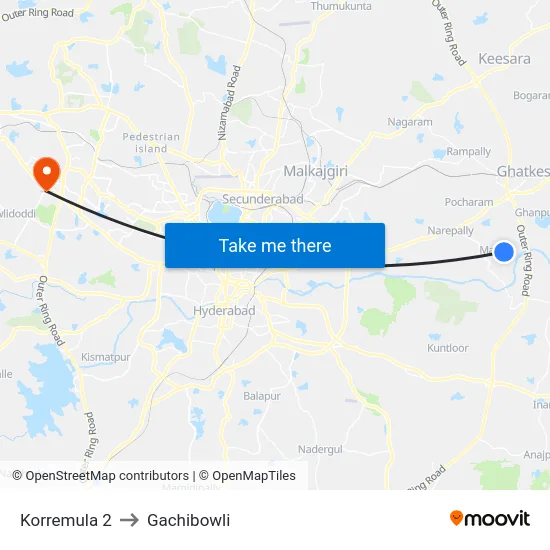 Korremula 2 to Gachibowli map