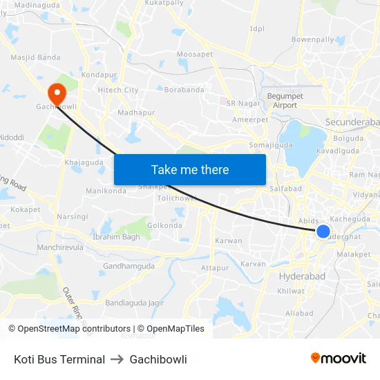 Koti Bus Terminal to Gachibowli map