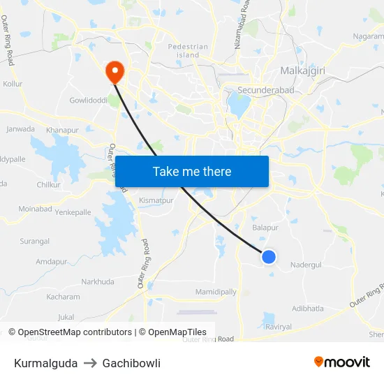Kurmalguda to Gachibowli map