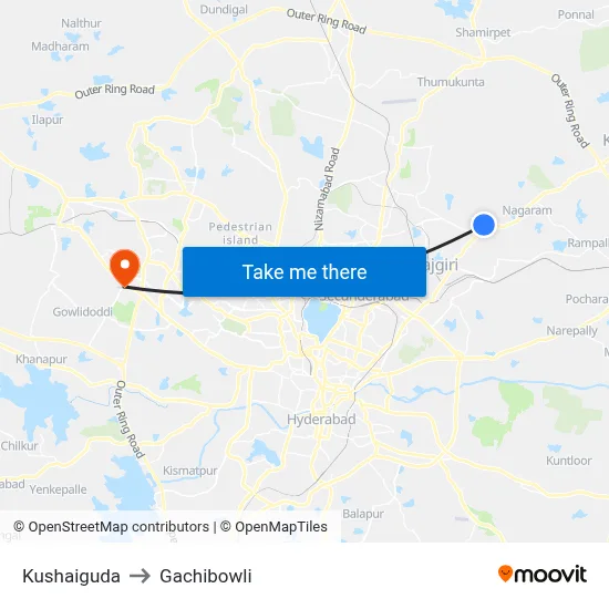 Kushaiguda to Gachibowli map