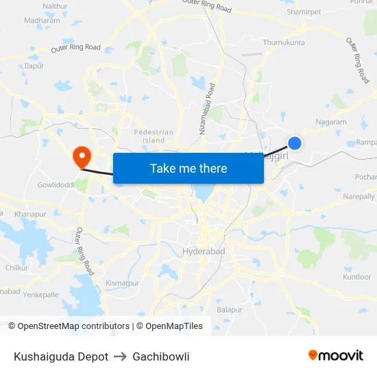 Kushaiguda Depot to Gachibowli map