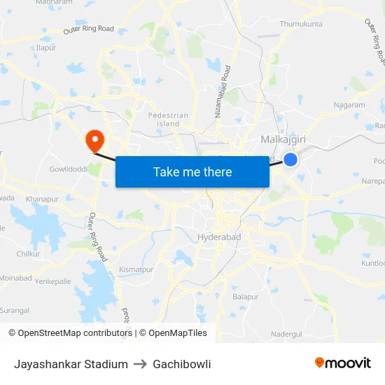 Jayashankar Stadium to Gachibowli map