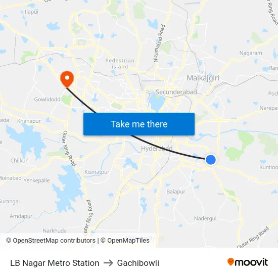 LB Nagar Metro Station to Gachibowli map